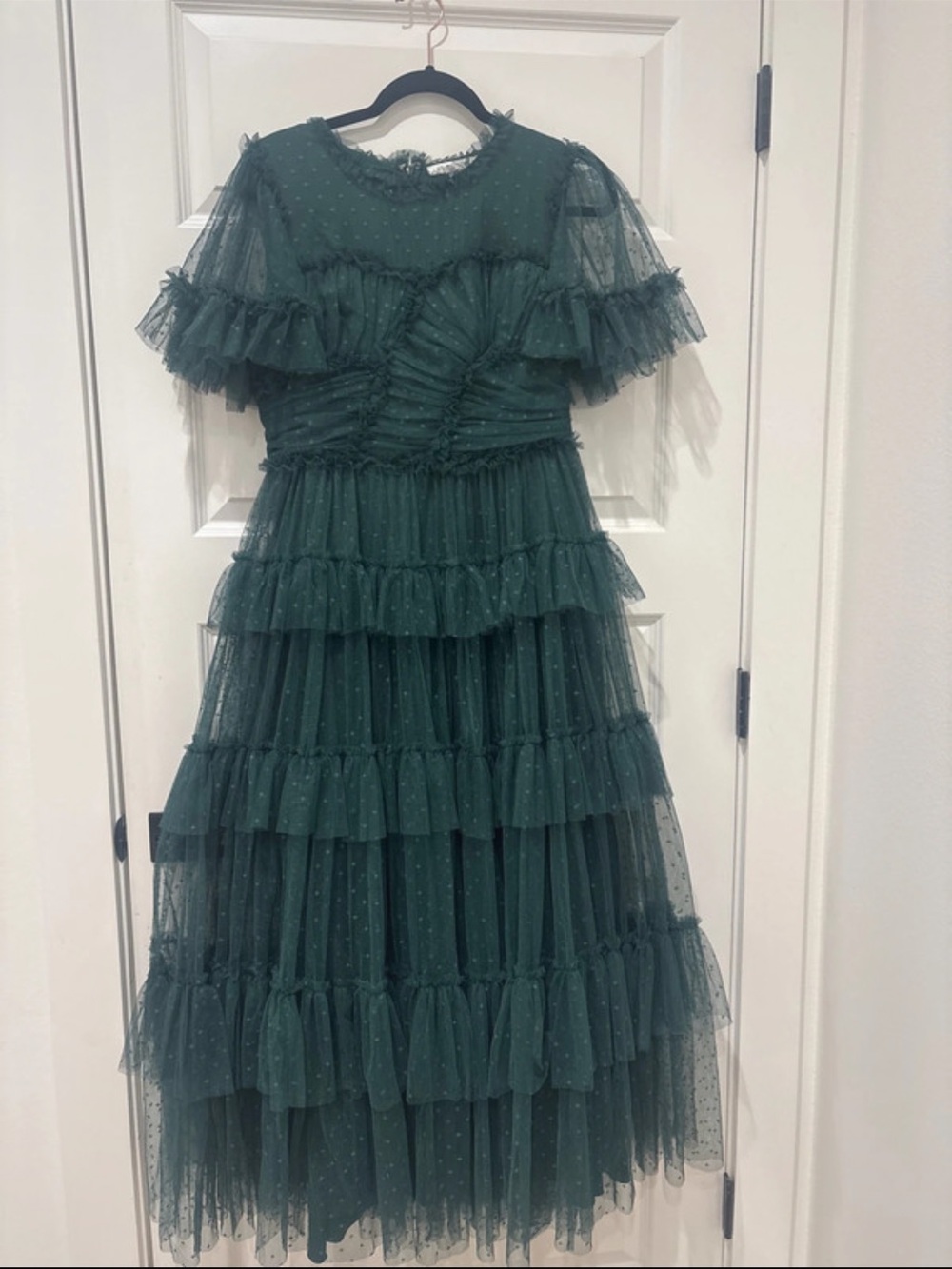 Ivy City Co Dark Green Ruffled Tiered Tulle Maxi Dress
